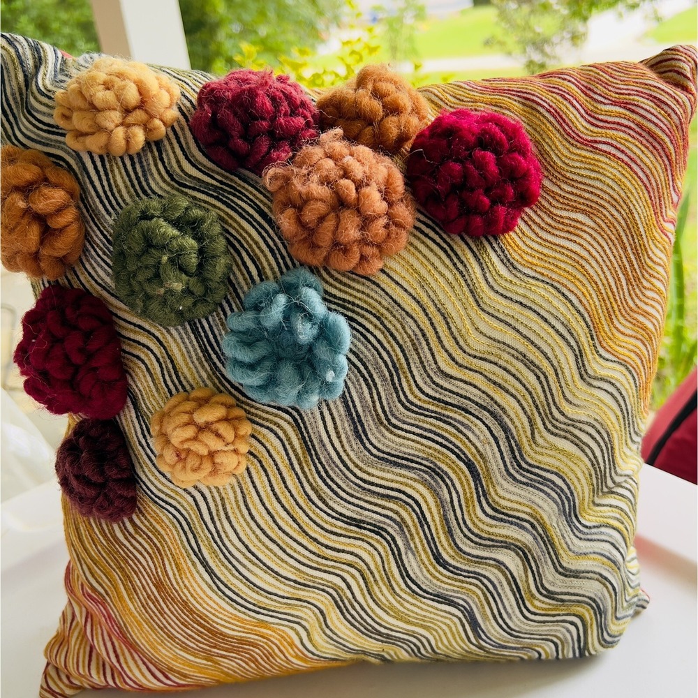 VTG Pier 1 Square Cloth Cover Pillow Pom Pom Decor Rainbow Striped Cottagecore
